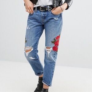 Levi’s 501 Rose Embroidered Distressed Button-fly Cropped Jeans 26